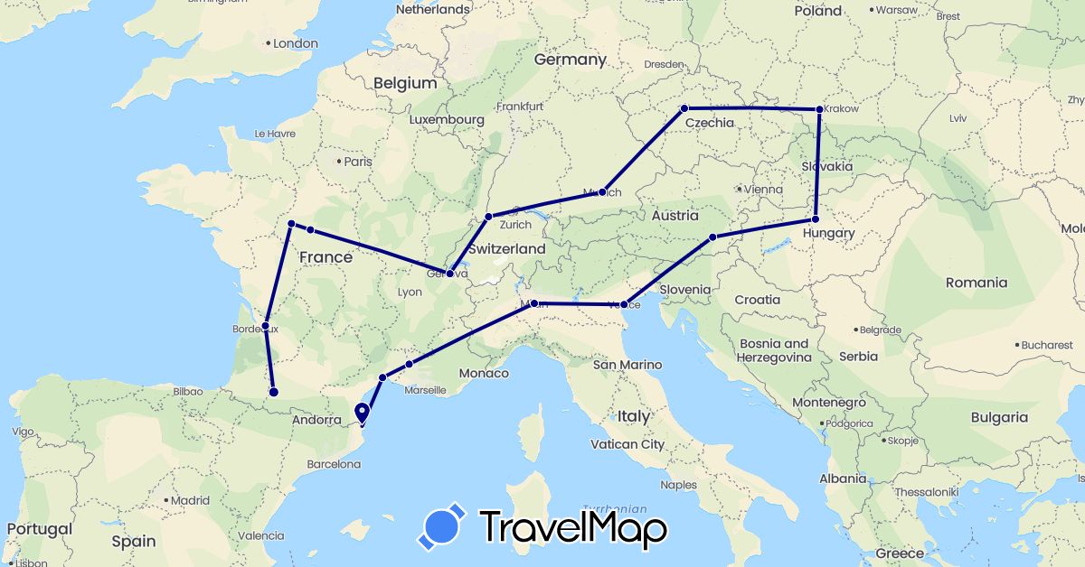 TravelMap itinerary: driving in Austria, Switzerland, Czech Republic, Germany, Spain, France, Hungary, Italy, Poland (Europe)